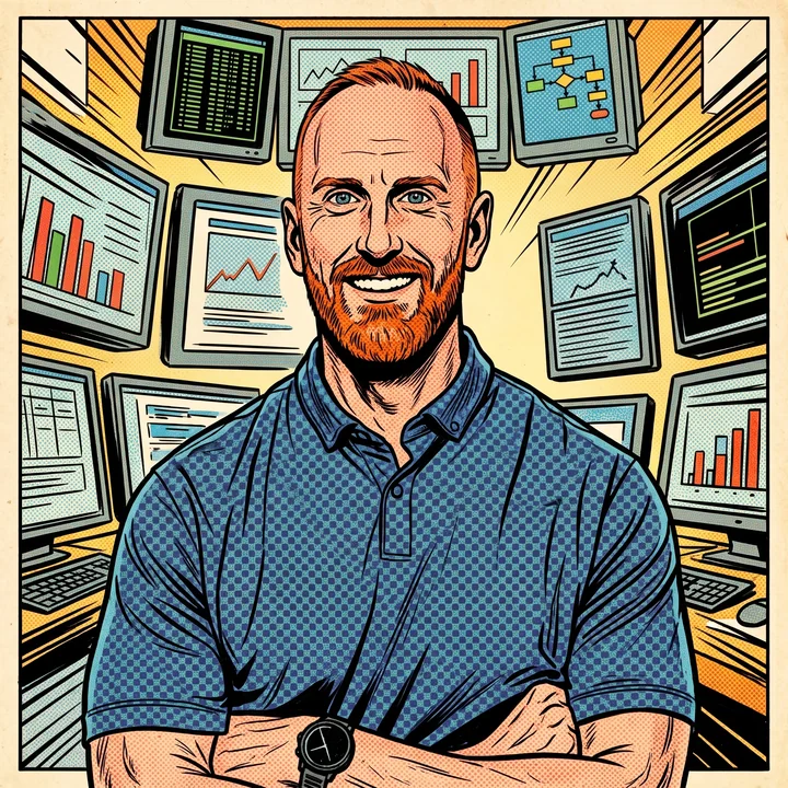 Comic-book panel of Adam Dickinson, arms crossed in a navy polo, in front of a wall of monitors showing terminals, dashboards and a pipeline diagram.
